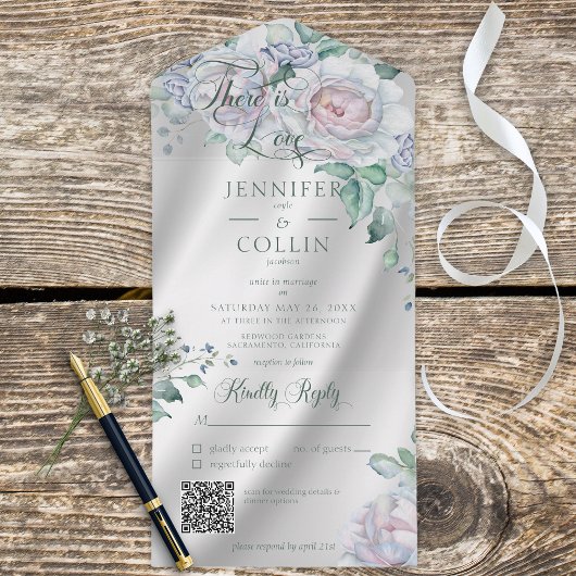 Elegant White Satin & Pastel Floral QR Code All In One Uitnodiging