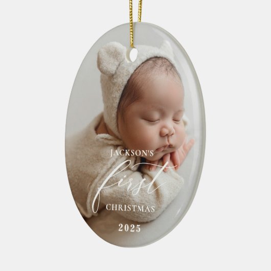 Elegant White Script Baby's First Christmas Photo Keramisch Ornament (Links)