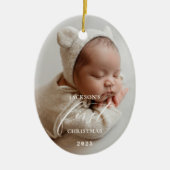 Elegant White Script Baby's First Christmas Photo  Keramisch Ornament (Voorkant)