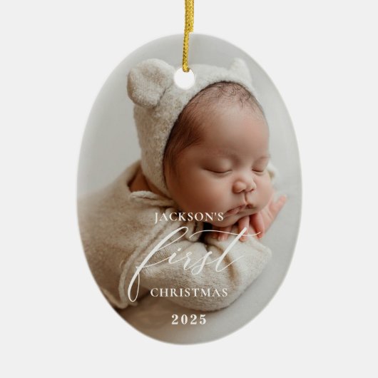 Elegant White Script Baby's First Christmas Photo  Keramisch Ornament (Voorkant)