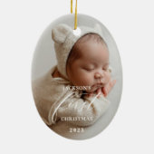 Elegant White Script Baby's First Christmas Photo  Keramisch Ornament (Achterkant)