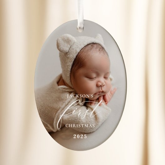 Elegant White Script Baby's First Christmas Photo  Keramisch Ornament