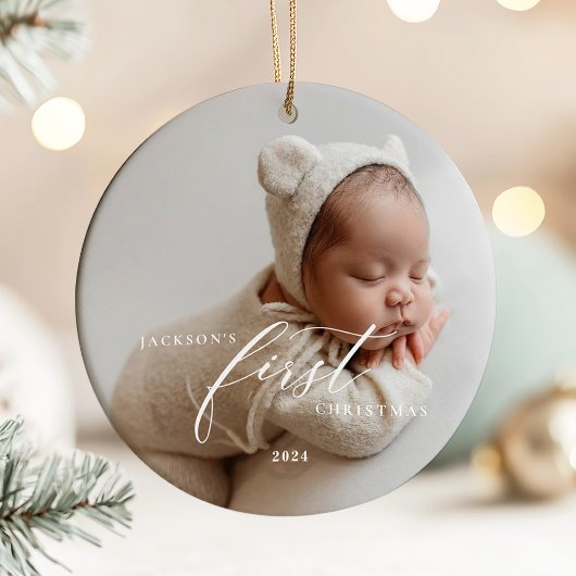 Elegant White Script Baby's First Christmas Photo Keramisch Ornament