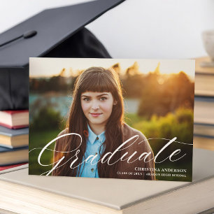 Elegant White Script Calligraphy Afstuderen Foto Aankondiging