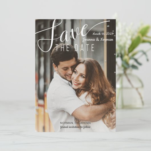 Elegant White Script Confetti Save the Date Photo (Staand voorkant)