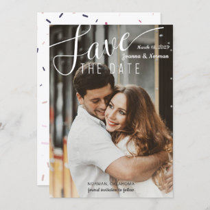 Elegant White Script Confetti Save the Date Photo
