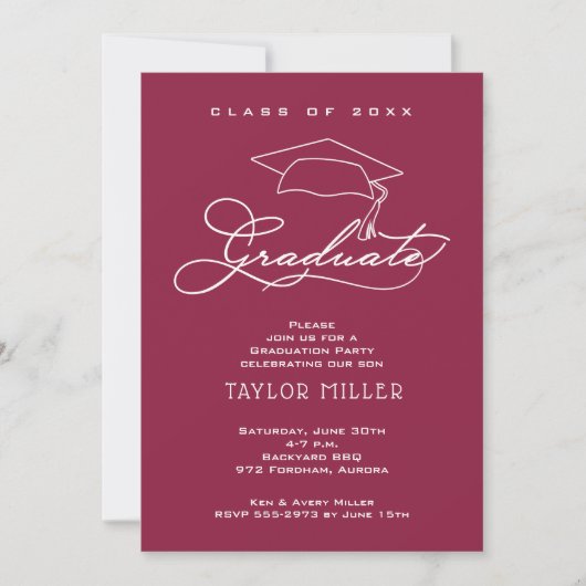 Elegant White Script Maroon Afstuderen Kaart (Voorkant)