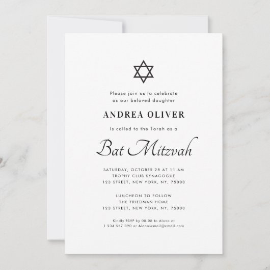 Elegant White Script Modern Simple Bat Mitzvah Kaart (Voorkant)