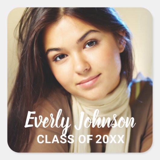 Elegant White Script Name Photo Afstuderen Vierkante Sticker (Voorkant)