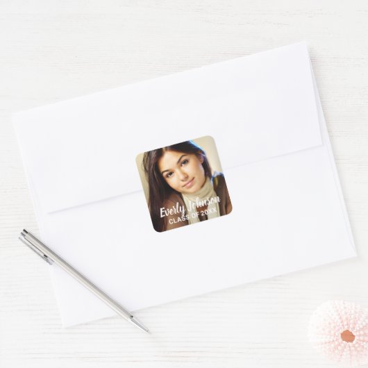 Elegant White Script Name Photo Afstuderen Vierkante Sticker (Envelop)