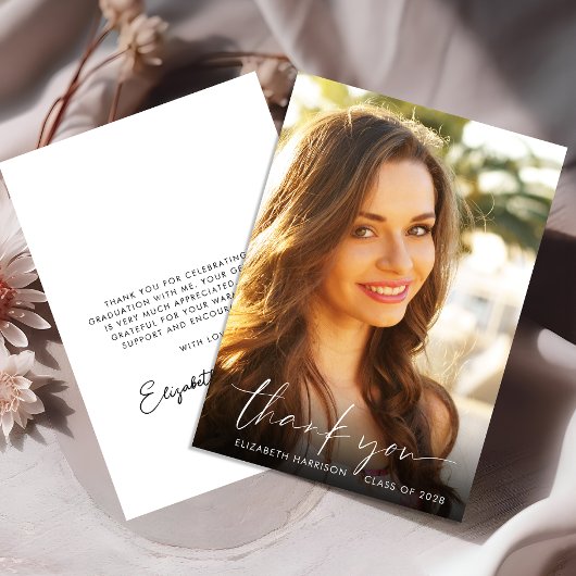 Elegant White Script Overlay Photo Afstuderen Bedankkaart