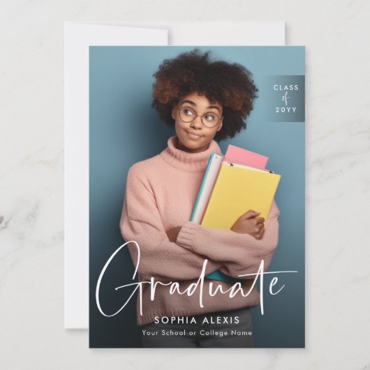 Elegant White Script Overlay Two Photo Afstuderen Aankondiging (Voorkant)