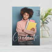 Elegant White Script Overlay Two Photo Afstuderen Aankondiging (Staand voorkant)