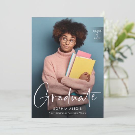 Elegant White Script Overlay Two Photo Afstuderen Aankondiging (Staand voorkant)