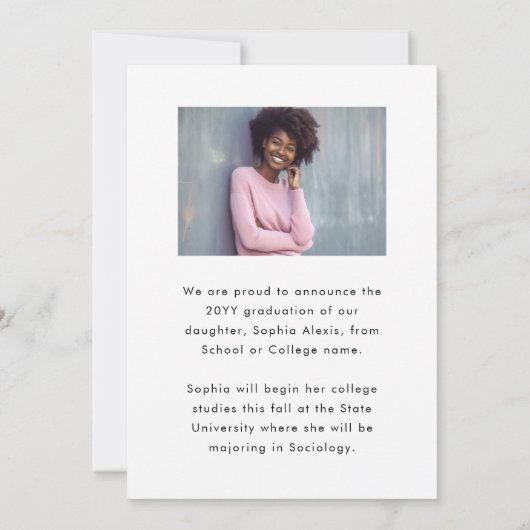 Elegant White Script Overlay Two Photo Afstuderen Aankondiging (Achterkant)