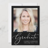 Elegant White Script Photo Black Afstuderen Aankondiging (Voorkant)
