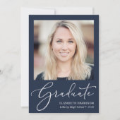 Elegant White Script Photo Blue Afstuderen Aankondiging (Voorkant)