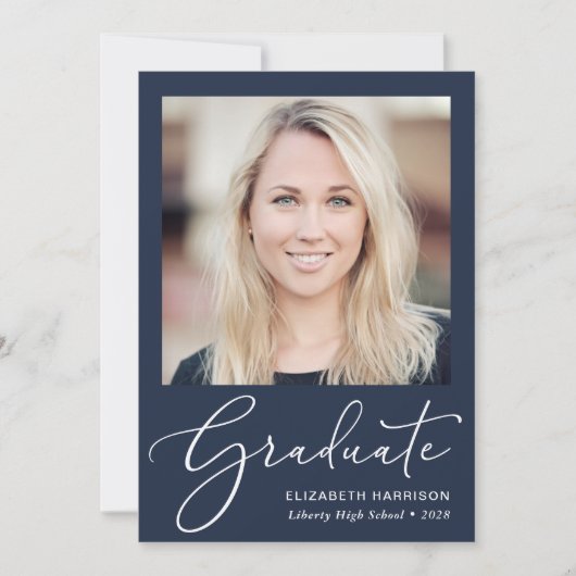 Elegant White Script Photo Blue Afstuderen Aankondiging (Voorkant)