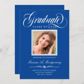 Elegant White Script Photo Blue College Graduing Aankondiging (Voorkant / Achterkant)