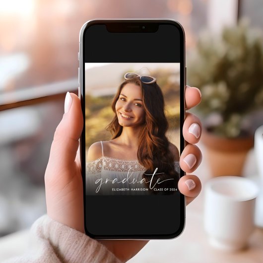 Elegant White Script Photo Graduparty Kaart