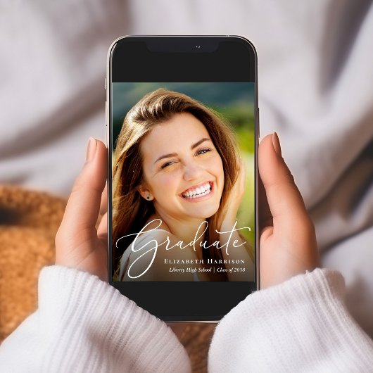 Elegant White Script Photo Graduparty Kaart