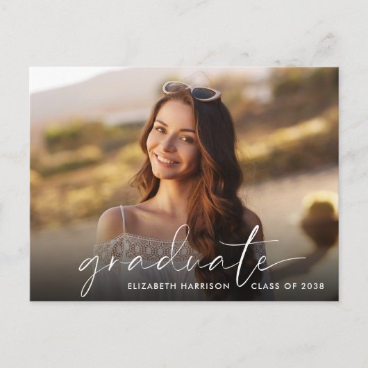 Elegant White Script Photo Graduparty Uitnodiging Briefkaart (Voorkant)
