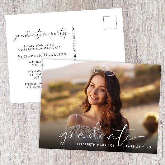 Elegant White Script Photo Graduparty Uitnodiging Briefkaart