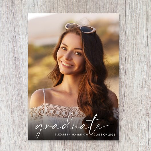 Elegant White Script Photo Overlay Afstuderen Aankondiging