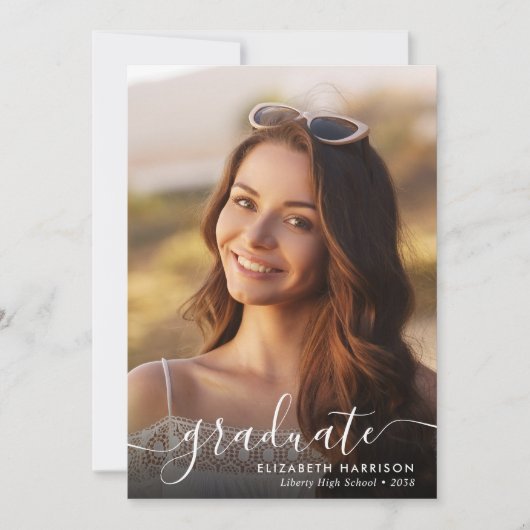 Elegant White Script Photo Overlay Afstuderen Aankondiging (Voorkant)