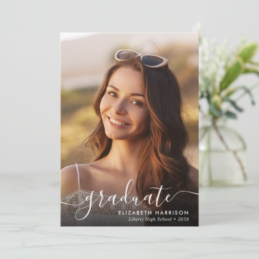 Elegant White Script Photo Overlay Afstuderen Aankondiging (Staand voorkant)