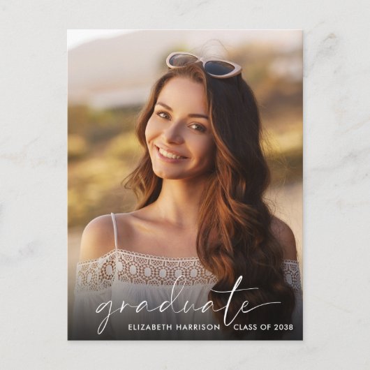 Elegant White Script Photo Overlay Afstuderen Aankondigingskaart (Voorkant)