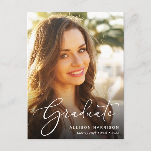 Elegant White Script Photo Overlay Afstuderen Aankondigingskaart (Voorkant)