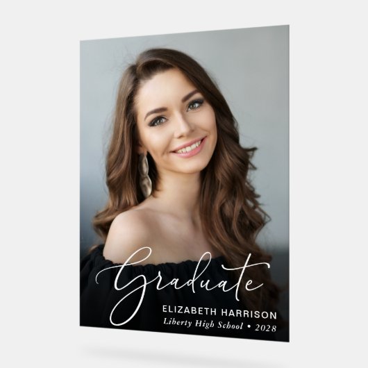 Elegant White Script Photo Overlay Afstuderen Acryl Bord (Hoek)