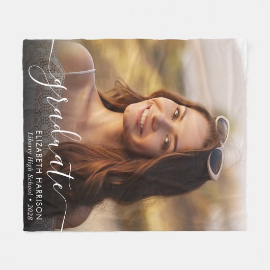 Elegant White Script Photo Overlay Afstuderen Fleece Deken (Voorkant (Horizontaal))