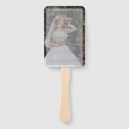 Elegant White Script Photo Overlay Wedding Program Handwaaier (Voorkant)