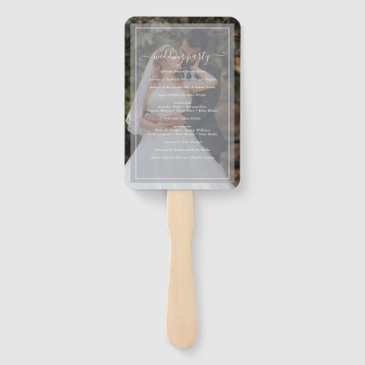 Elegant White Script Photo Overlay Wedding Program Handwaaier (Achterkant)