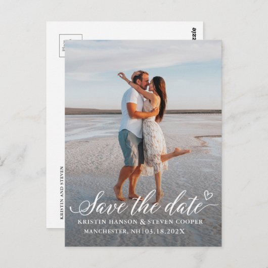 Elegant White Script Photo Save the Date Briefkaar Briefkaart (Voorkant / Achterkant)
