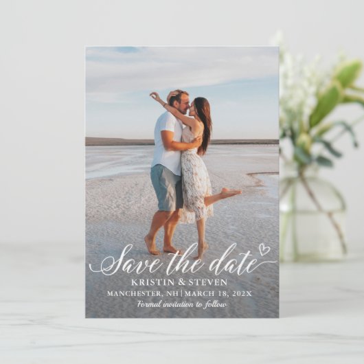 Elegant White Script Photo Save the Date Kaart (Staand voorkant)