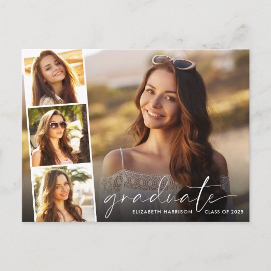 Elegant White Script Photo Strip Afstuderen Aankondigingskaart (Voorkant)