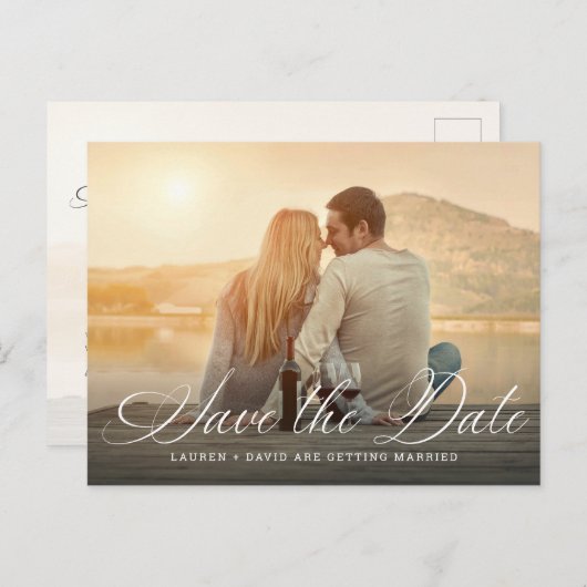 Elegant White Script Photo Weddenschap Save the Da Aankondigingskaart (Voorkant / Achterkant)