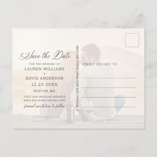 Elegant White Script Photo Weddenschap Save the Da Aankondigingskaart (Achterkant)