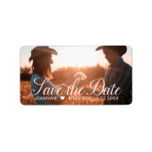 Elegant White Script Photo Weddenschap Save the Da Etiket (Voorkant)