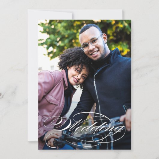 Elegant White Script Photo Wedding Save The Date (Voorkant)