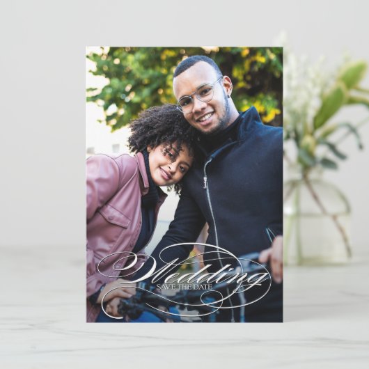 Elegant White Script Photo Wedding Save The Date (Staand voorkant)