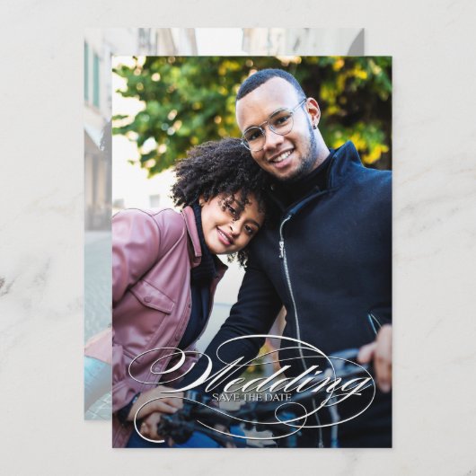 Elegant White Script Photo Wedding Save The Date (Voorkant / Achterkant)