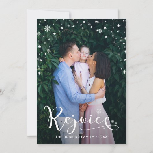 Elegant White Script Rejoice Snowflakes 2 Foto Feestdagenkaart (Voorkant)