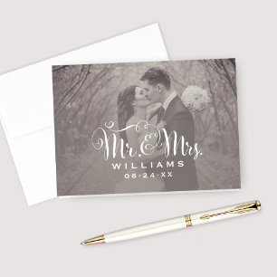 Elegant White Script Sepia Photo Weddenschap Monog Bedankkaart