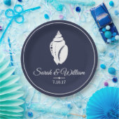 Elegant White Seashell & Navy Blue | Gepersonalise Papieren Bordje (Feest)