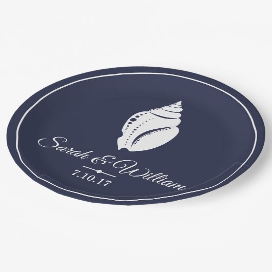 Elegant White Seashell & Navy Blue | Gepersonalise Papieren Bordje (Gekanteld)