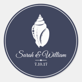Elegant White Seashell & Navy Blue | Gepersonalise Ronde Sticker